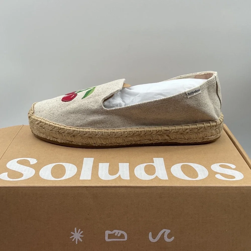 Soludos Cherry On Top Platform Espadrille Sand Linen Embroidered Shoes Womens 9